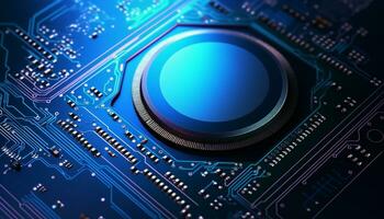 AI generated Futuristic computer chip, blue circuit board, electrical equipment generated by AI photo