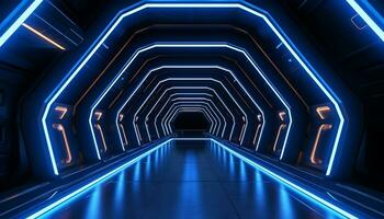 AI generated Futuristic blue corridor, glowing design, modern architecture generated by AI photo