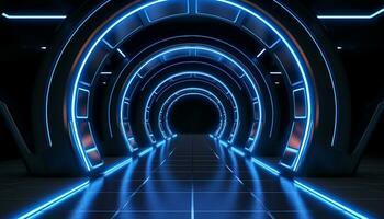 AI generated Futuristic architecture, blue corridor, modern design, glowing light generated by AI photo