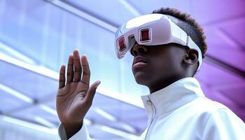 AI generated African businessman wearing futuristic smart glasses, working digitally generated by AI photo