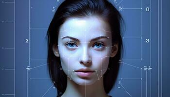 AI generated Young adult woman with blue eyes, futuristic design generated by AI photo