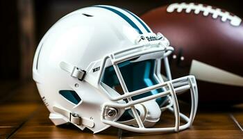 AI generated American football helmet on blue turf, close up shot generated by AI photo