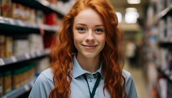 ai generado sonriente pelirrojo mujer mirando a cámara en Tienda generado por ai foto