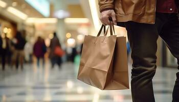 ai generado joven adulto hombre caminando con compras bolso en Tienda generado por ai foto