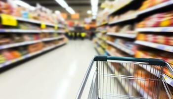 ai generado cliente comprando comestibles en un moderno supermercado generado por ai foto