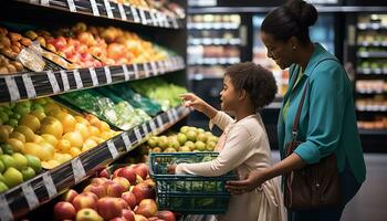 ai generado familia unión mientras compras para sano comestibles generado por ai foto