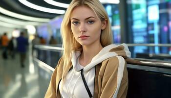 AI generated Young woman waiting at subway station, confident and smiling generated by AI photo