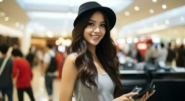 AI generated Young woman smiling, looking at camera, shopping indoors generated by AI photo