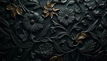 ai generado resumen floral modelo en negro fondo, elegante y moderno generado por ai foto
