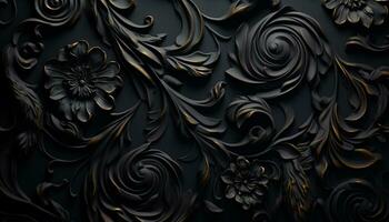 ai generado resumen floral modelo en negro fondo, elegante y moderno generado por ai foto