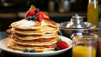 AI generated Stack of homemade pancakes with fresh berries and syrup generated by AI photo