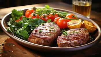 AI generated Grilled steak on wood plate, fresh and gourmet generated by AI photo