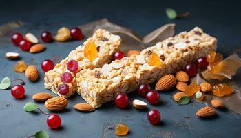 AI generated Gourmet almond snack with fresh fruit and granola generated by AI photo