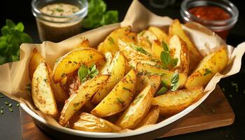 ai generado frescura y gastrónomo en un plato de francés papas fritas generado por ai foto