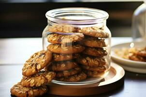 AI generated Homemade chocolate chip cookies on rustic wooden table generated by AI photo