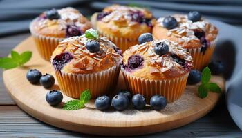 AI generated Blueberry muffin on wooden table, fresh and delicious generated by AI photo