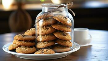 AI generated Stack of homemade chocolate chip cookies on wooden table generated by AI photo