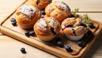 AI generated Freshly baked blueberry muffin on wooden table generated by AI photo