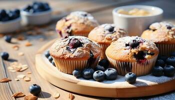 AI generated Fresh blueberry muffin on wooden table, homemade snack generated by AI photo