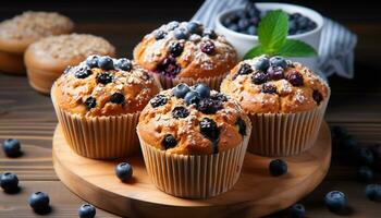 AI generated Fresh blueberry muffin on wooden table, homemade dessert generated by AI photo