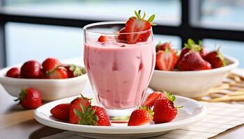 AI generated Fresh strawberry milkshake on wooden table, summer refreshment generated by AI photo