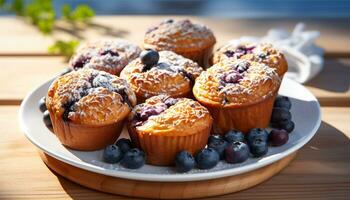 AI generated Homemade blueberry muffin on rustic wooden table generated by AI photo