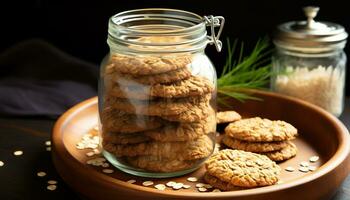 AI generated Homemade chocolate chip cookie on rustic wooden table generated by AI photo