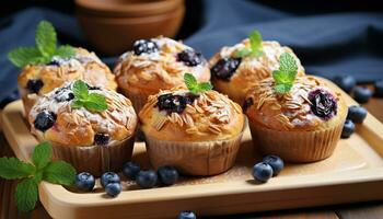 AI generated Blueberry muffin on wooden table with mint leaf generated by AI photo