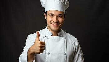 AI generated Smiling chef in uniform cooking gourmet food generated by AI photo