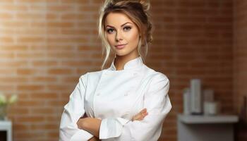 AI generated Smiling chef in kitchen, confident and professional generated by AI photo