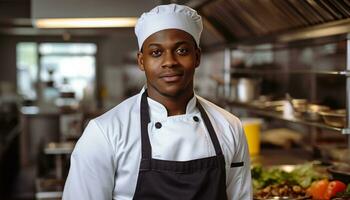 AI generated Confident African chef in commercial kitchen, smiling proudly generated by AI photo