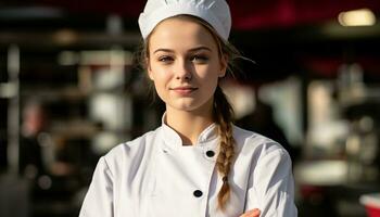 AI generated Smiling chef in uniform cooking with confidence generated by AI photo