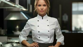 AI generated Young adult woman chef in kitchen, confidently cooking generated by AI photo