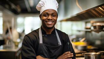 AI generated Smiling chef standing in kitchen, exuding confidence generated by AI photo