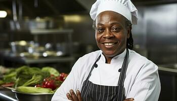 AI generated Smiling chef standing in kitchen exudes confidence generated by AI photo