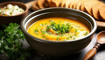 AI generated Fresh pumpkin soup served in a wooden bowl generated by AI photo