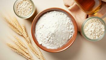 AI generated Healthy eating organic wheat bowl with fresh flour generated by AI photo