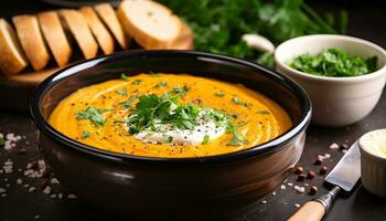 AI generated Fresh pumpkin soup served in a rustic wooden bowl generated by AI photo