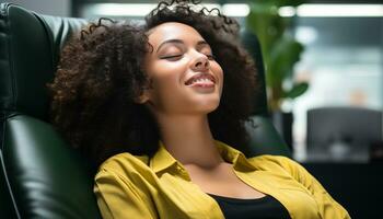 AI generated Young woman sitting on sofa, smiling and relaxing generated by AI photo