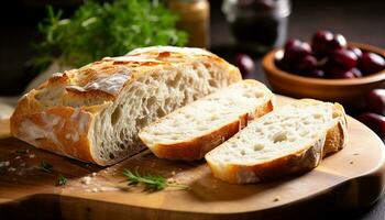 AI generated Freshly baked ciabatta loaf on wooden table generated by AI photo