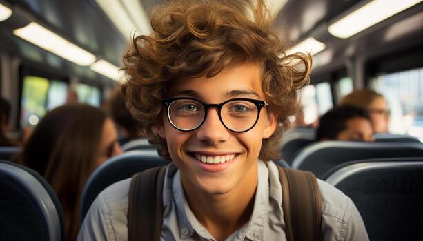 AI generated Smiling student on bus, enjoying journey and studying generated by AI photo