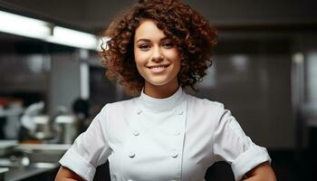 AI generated Smiling young woman cooking in kitchen, confident and cheerful generated by AI photo