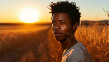 AI generated Young African man enjoying outdoor sunset with headphones generated by AI photo