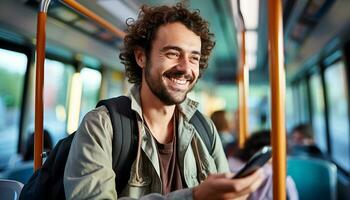 AI generated Smiling man on subway, holding smartphone, looking happy generated by AI photo