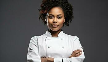 AI generated Young woman chef looking at camera with confidence generated by AI photo