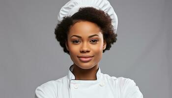 AI generated Young African woman chef smiling in kitchen generated by AI photo