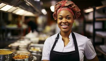 AI generated Smiling young woman, confident barista, working in coffee shop generated by AI photo