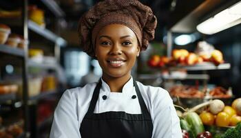 AI generated Smiling woman, confident owner, standing in supermarket generated by AI photo