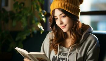 ai generado sonriente joven mujer leyendo libro al aire libre en invierno generado por ai foto