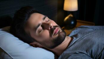 AI generated Relaxed man sleeping peacefully in comfortable bedroom generated by AI photo